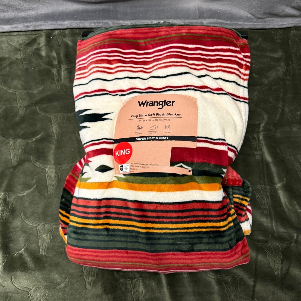 Wrangler Plush Blanket Unisex King Red New Southwestern Striped Ultra Soft Fall